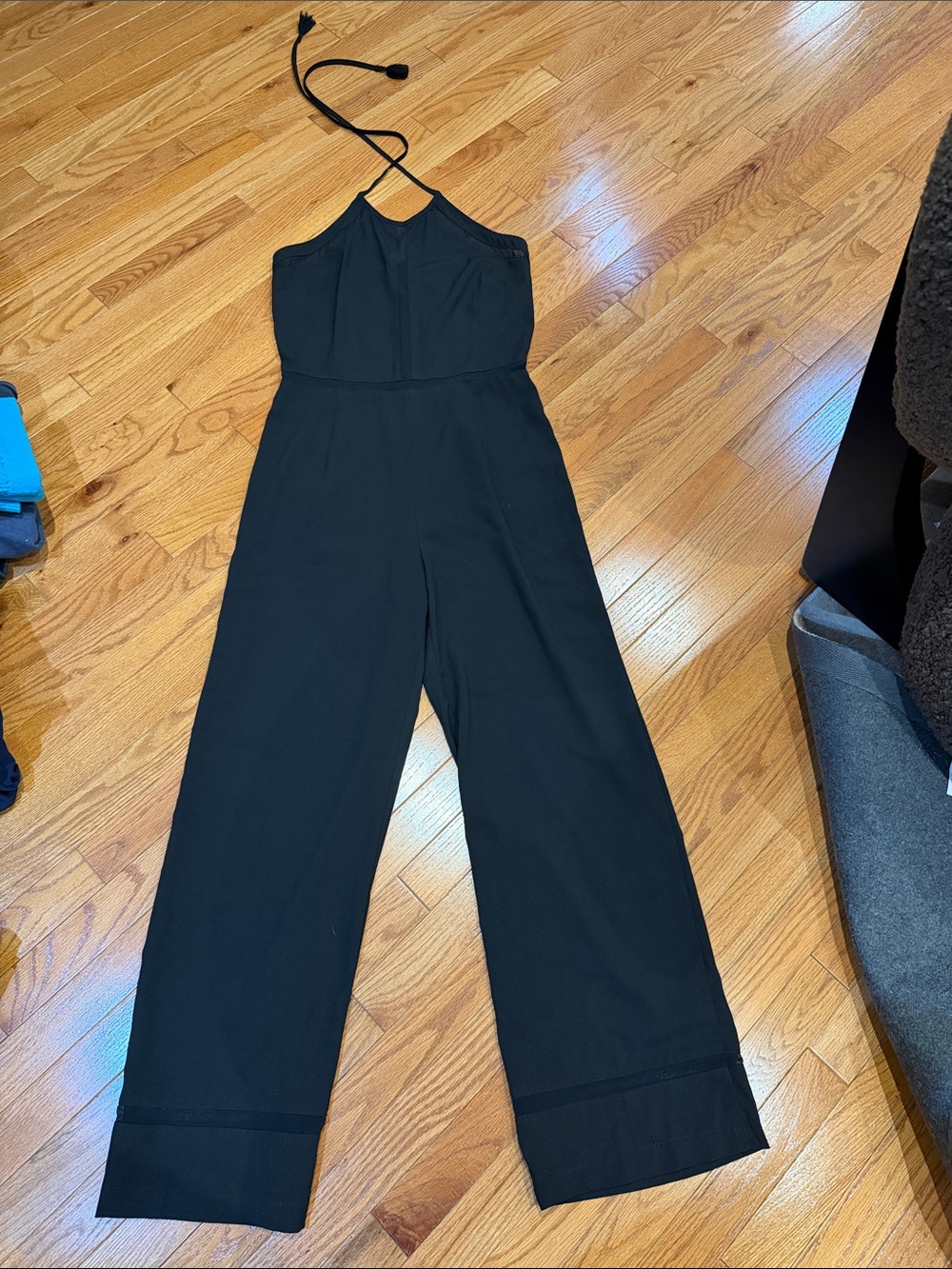 Mixology NYC Black Evening Halter Tie Wide Leg Jumpsuit with Sheer Detail Size M